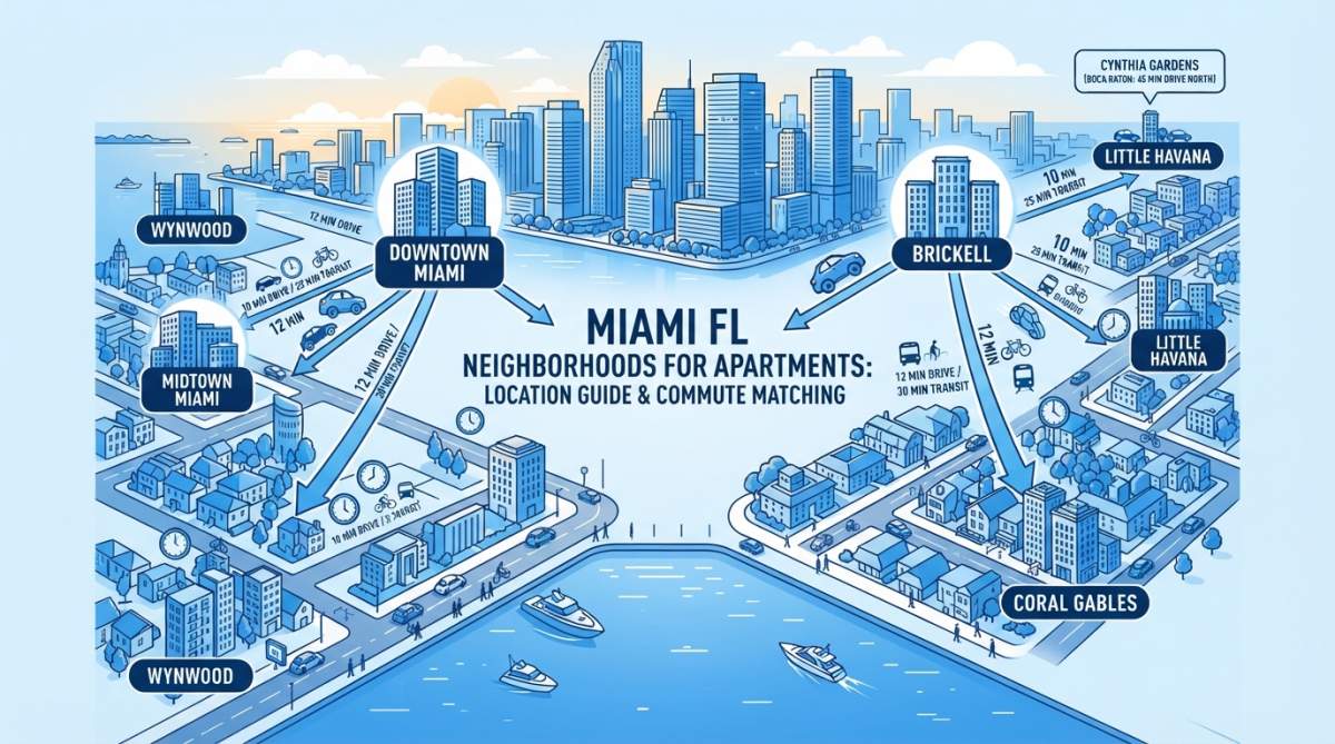 Aerial view of Miami waterfront showing downtown skyline with Brickell high-rises, residential neighborhoods, and street-level activity during golden hour