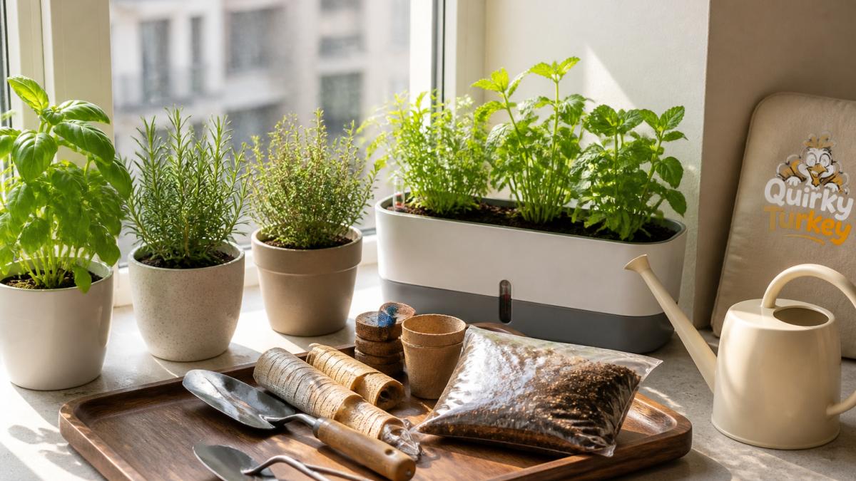 A bright apartment windowsill with small potted herbs, a self-watering planter, and a compact gardening kit laid out on a wooden tray in soft morning light