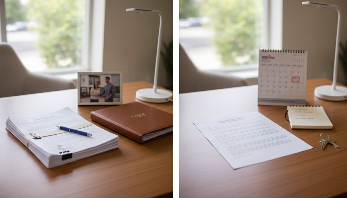 Professional leasing consultant reviewing rental agreement documents with prospective tenant at modern apartment community office in Boca Raton