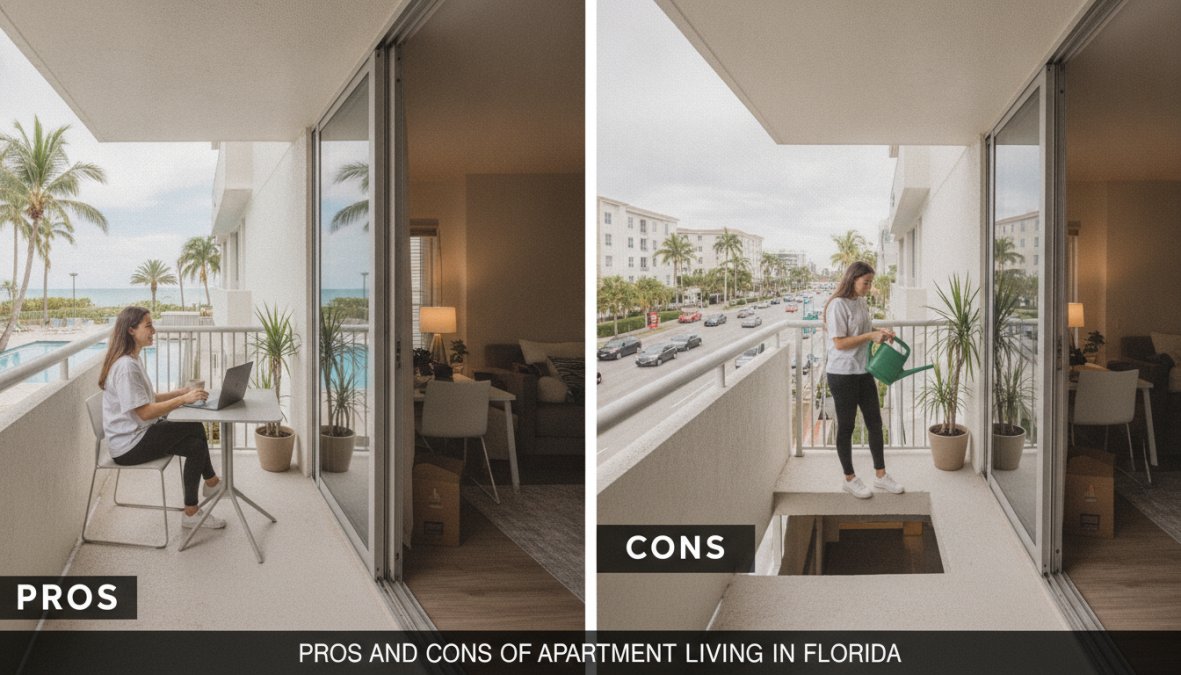Apartment Living vs House Rental in Florida: 2026 Guide 2 Maintenance technician in a branded polo shirt inspecting an exterior air conditioning unit on the wall of a Florida home, palm trees visible in the bright afternoon background, tools laid out on the ground beside him