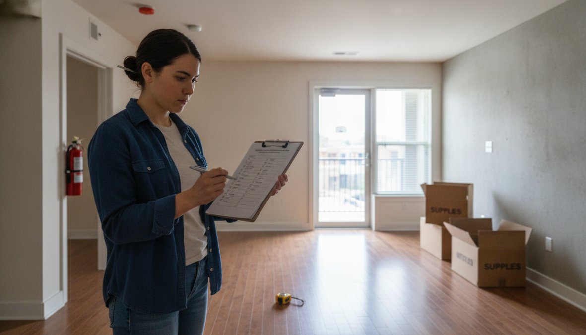 Renter conducting a thorough safety inspection in an apartment, checking a smoke detector on the ceiling, examining a deadbolt lock on the front door, and inspecting a window lock while holding a checklist clipboard