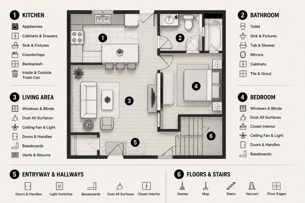 Diagram of a rental unit floor plan with six labeled zones (kitchen, bathroom, living area, bedroom, entryway and hallways, floors and stairs) and task callouts under each zone