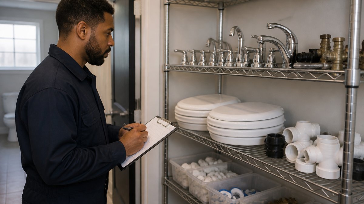 A maintenance technician in a vacant apartment holding a clipboard and checking a supply shelf stocked with faucets, toilet seats, and plumbing parts
