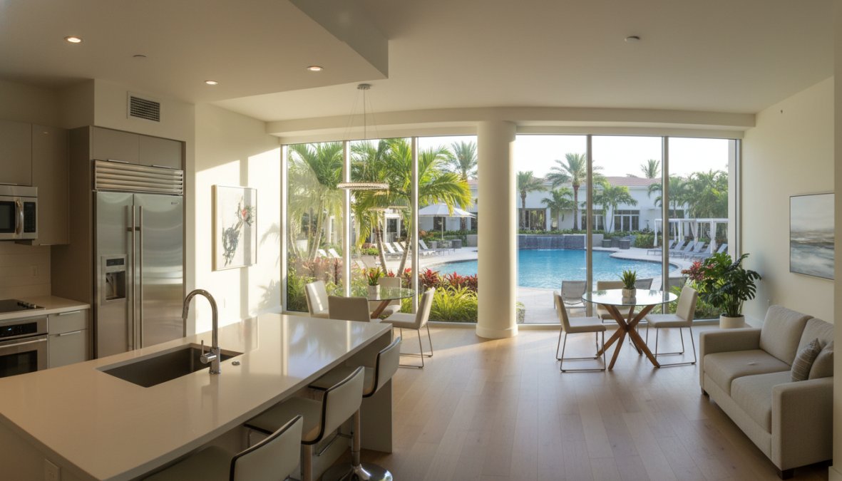 Bright, modern one-bedroom apartment interior with stainless steel appliances, quartz countertops, and large windows overlooking a lush garden-style courtyard with a resort-style pool visible in the background