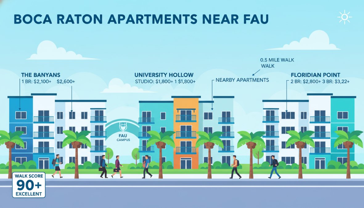 Sunny Boca Raton street scene with palm tree-lined sidewalks near a university campus, well-maintained apartment buildings and landscaped grounds visible, conveying a walkable and vibrant neighborhood atmosphere under bright Florida sunlight