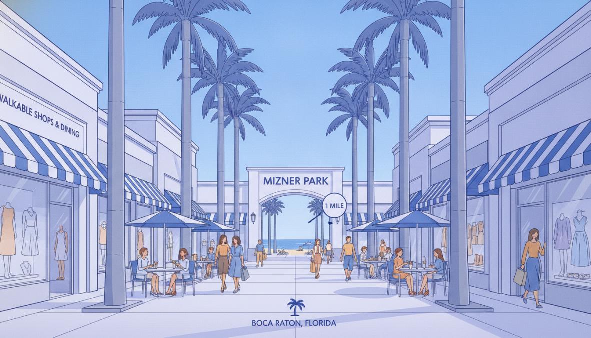 A vibrant daytime street scene at Mizner Park in Boca Raton showing wide palm-lined walkways, upscale boutique storefronts with awnings, and outdoor caf&eacute; seating with people strolling in warm Florida afternoon sunlight