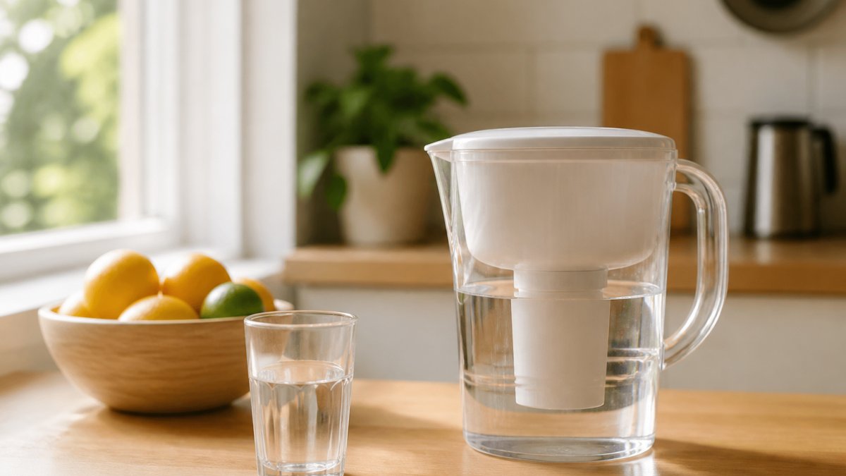 Glass water filter pitcher on a sunlit kitchen counter with fruit
