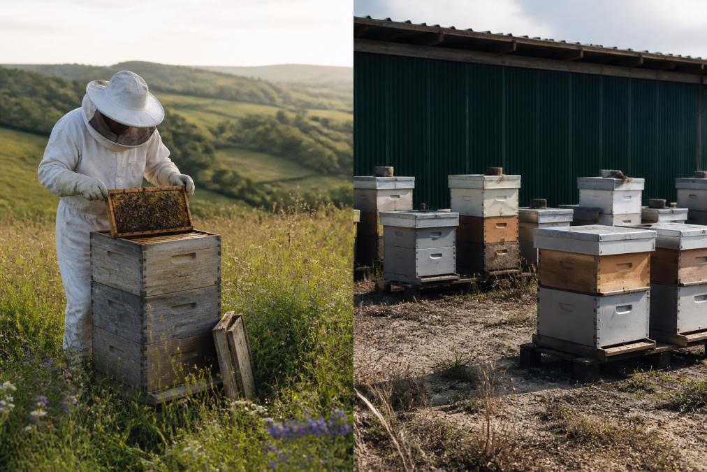 Ein Imker in weißer Schutzkleidung öffnet vorsichtig einen Bienenstock in einer blühenden Wiese, sanfte Hügel der Luxemburger Landschaft im Hintergrund, warmes Abendlicht