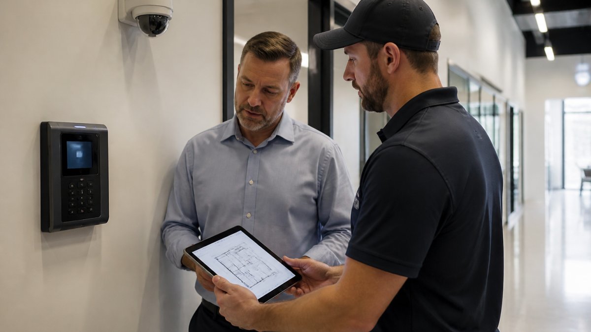 A facility manager and a certified technician reviewing a wall-mounted access control panel and nearby IP camera in a commercial office hallway, tablet in hand showing a floor plan