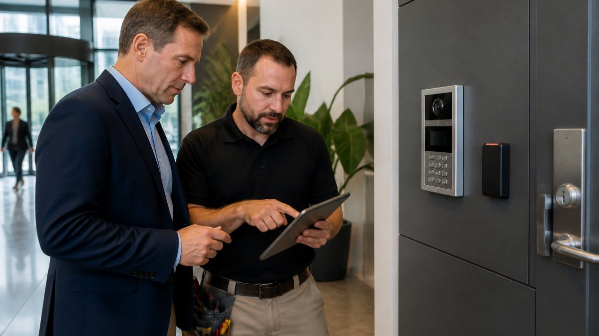 A facility manager and a low-voltage technician reviewing security system plans on a tablet inside a commercial building lobby, with access control panels visible in the background