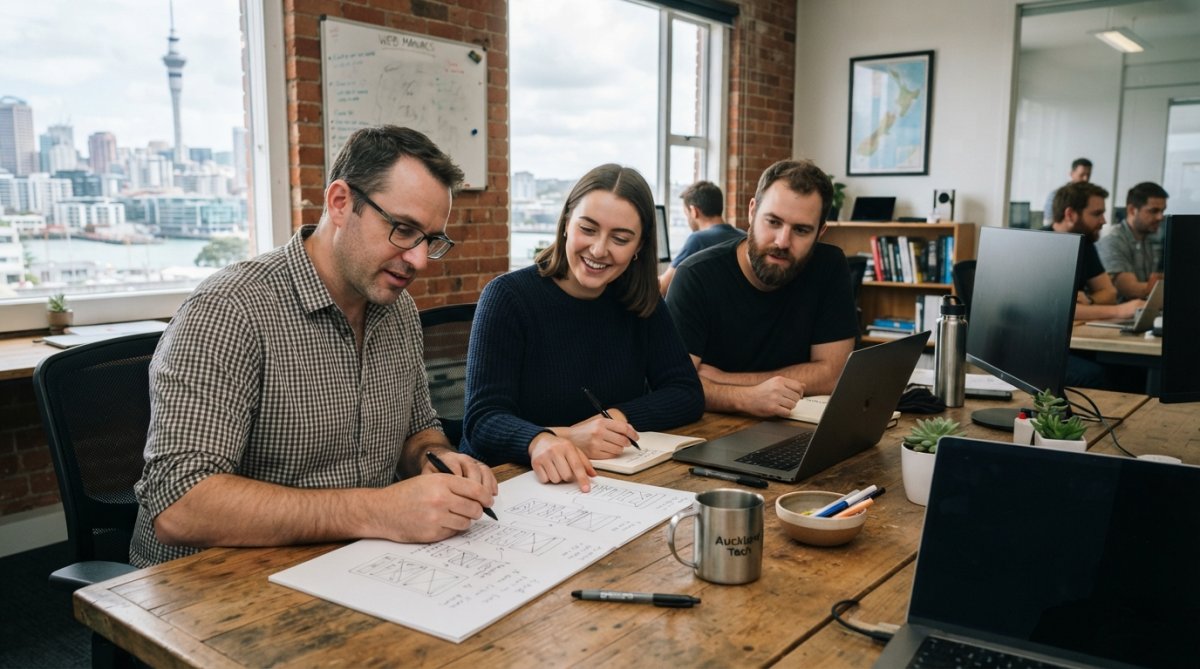 Diverse team of software engineers collaborating at desks with multiple monitors displaying code and app design interfaces in a modern Auckland office environment