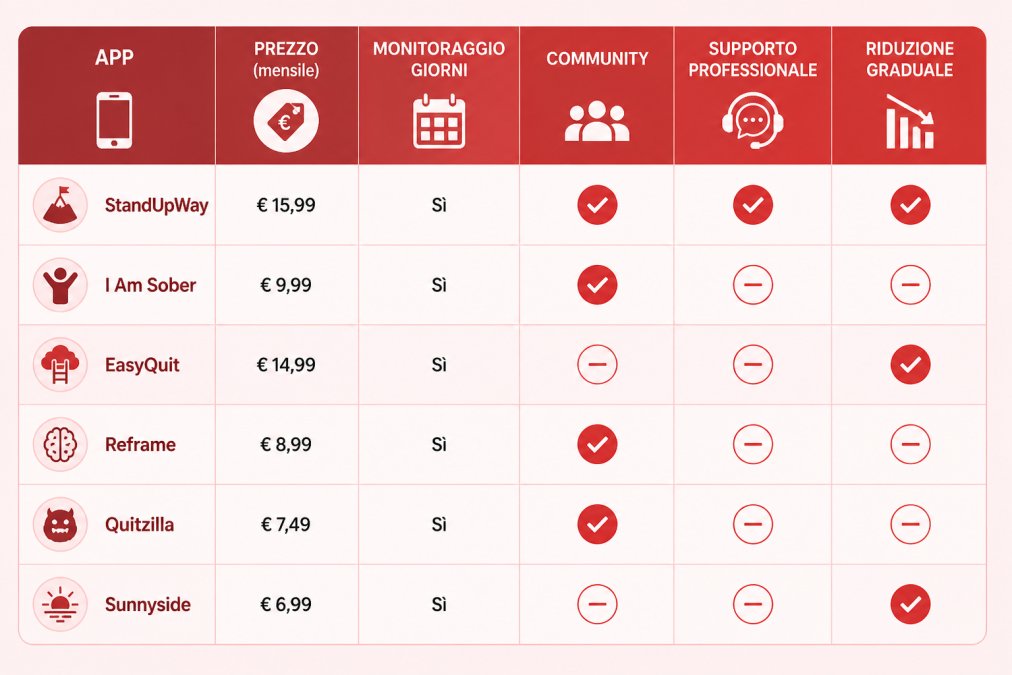 Matrice comparativa di 6 app per smettere di bere alcol: StandUpWay, I Am Sober, EasyQuit, Reframe, Quitzilla, Sunnyside. Colonne: prezzo, monitoraggio giorni, community, supporto professionale, riduzione graduale