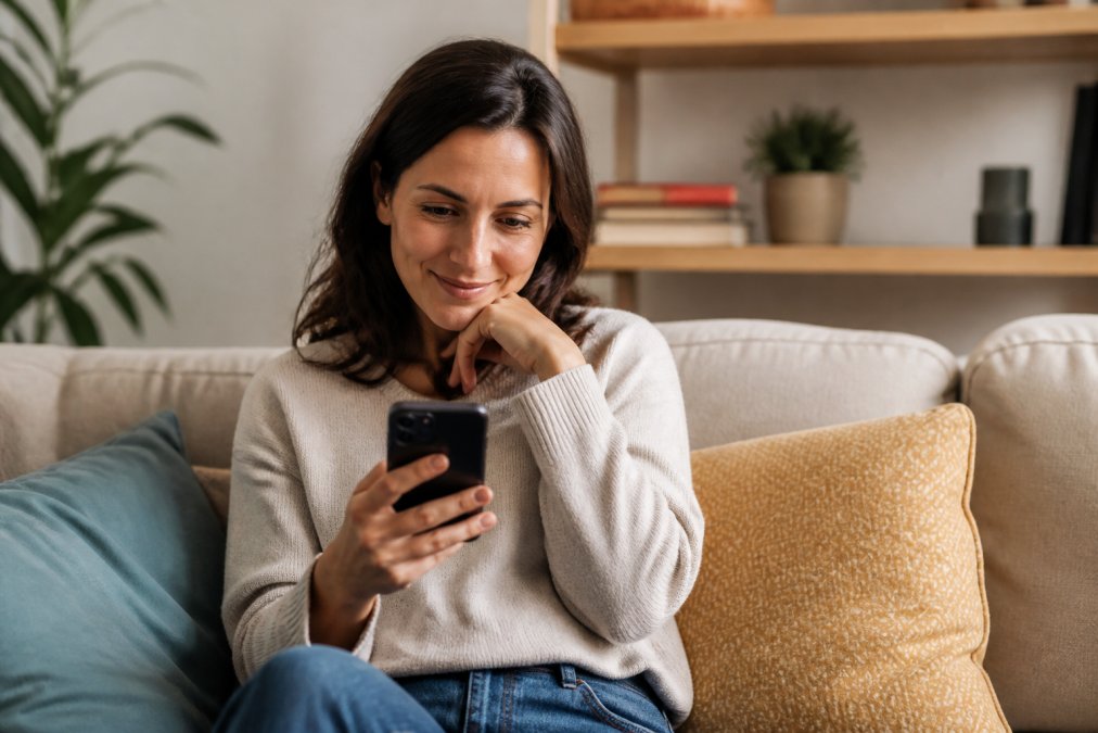 Persona che guarda lo smartphone con un'espressione di sollievo, seduta in un ambiente domestico confortevole, mentre utilizza l'app StandUpWay per il supporto alle dipendenze