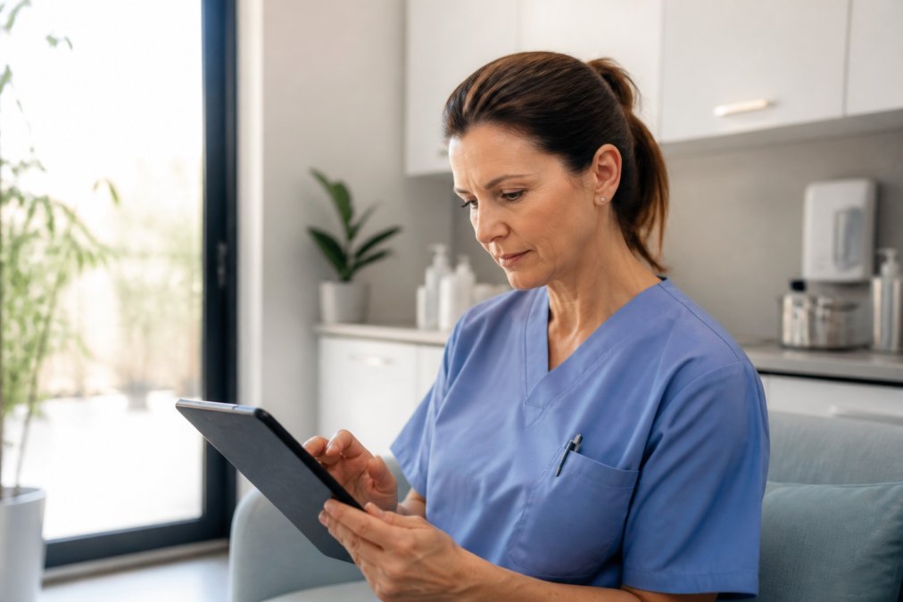 Professionista sanitario che consulta note cliniche su un tablet, con sfondo di ambiente medico moderno e discreto, rappresentando il supporto umano nel percorso terapeutico delle dipendenze