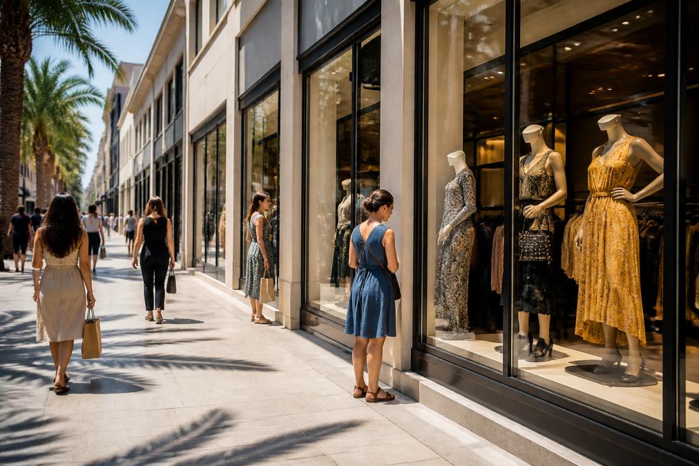 Diverse shopping district with multiple storefront windows displaying varied fashion collections, from casual wear to luxury designer pieces, with shoppers browsing outside