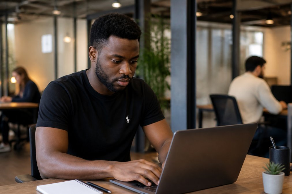 Focused entrepreneur in a black t-shirt working on a laptop, embodying a self-made identity in a modern office.