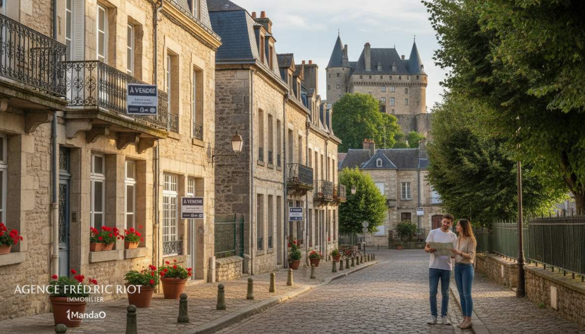 Vue aérienne du centre-ville historique de Montluçon avec immeubles résidentiels, rues piétonnes, commerces et églises sous ciel dégagé