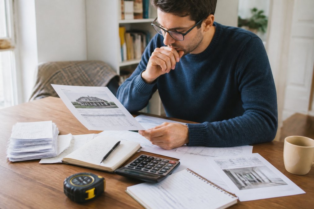 Primo-accédant assis à son bureau, examinant des documents immobiliers et des devis de rénovation à côté d'un ordinateur portable affichant une analyse de coûts, avec des calculatrices et des notes manuscrites visibles
