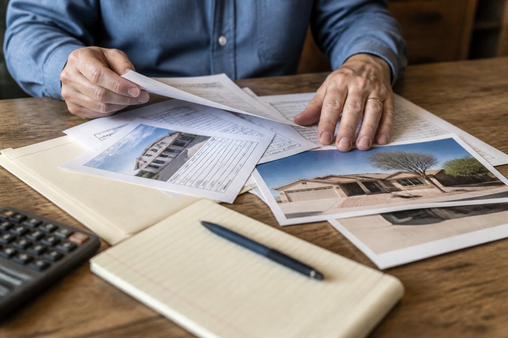 Close-up of hands organizing property appraisal documents, comparable sales reports, and photographs on a wooden table with a notepad and calculator
