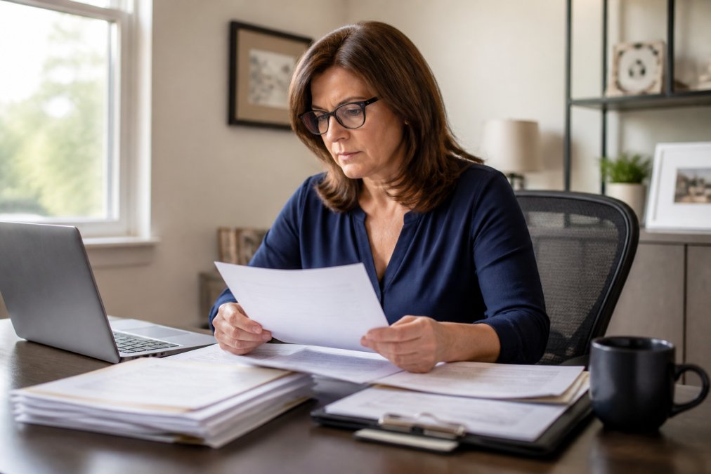 Homeowner sitting at a desk with property documents, laptop open to an online filing portal, reviewing papers with focused attention in natural office lighting