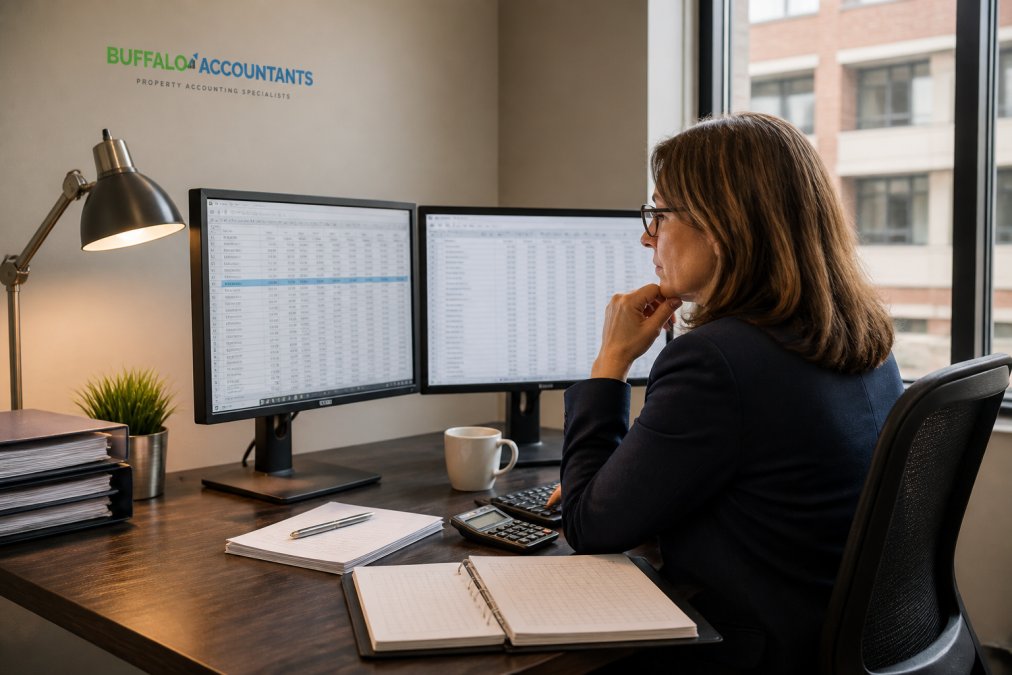 Accountant comparing chart of accounts and ledger to resolve AppFolio vs QuickBooks integration challenges 2026