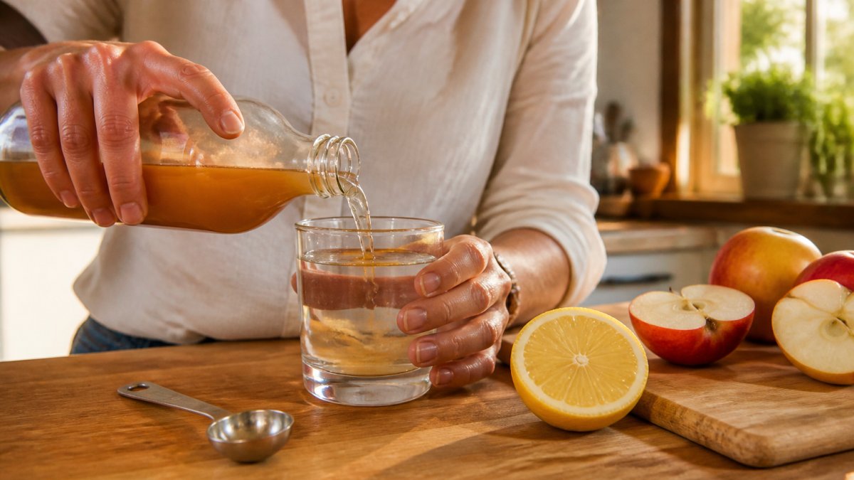 Person pouring apple cider vinegar into a glass of water in a bright kitchen with lemon nearby
