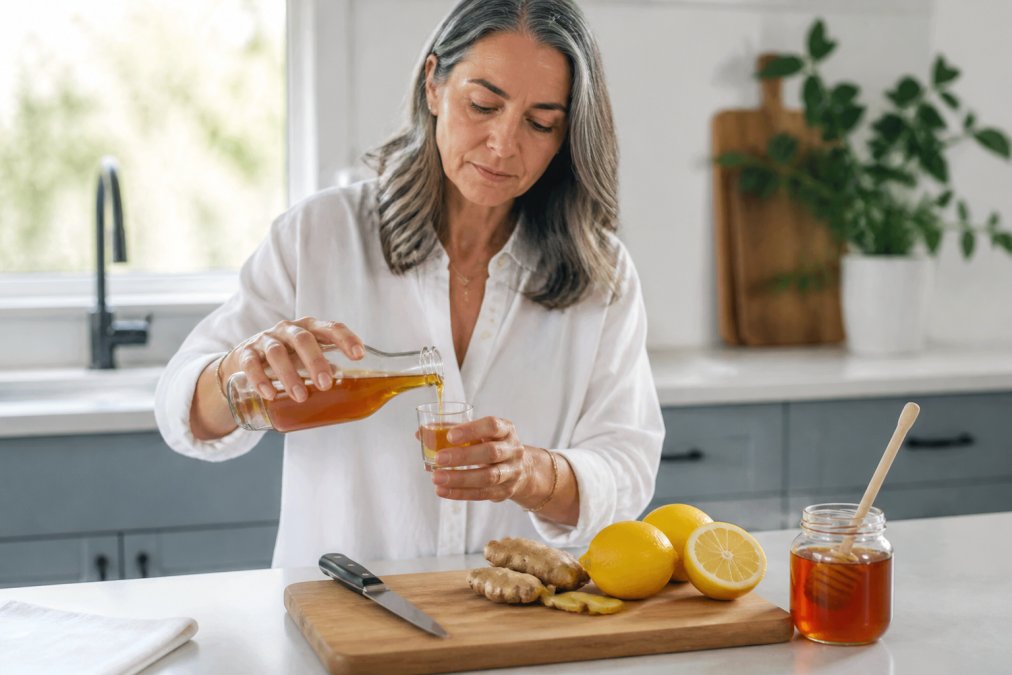 Woman pouring an amber vinegar tonic into a glass beside fresh lemons, ginger, and honey on a kitchen counter