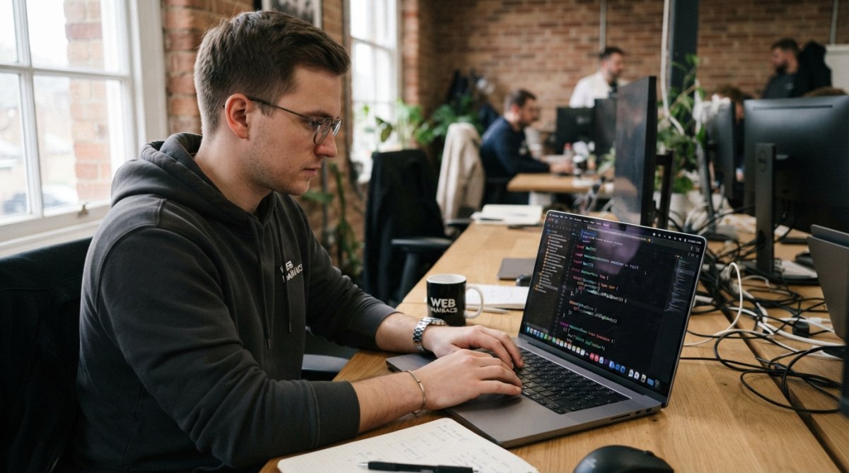 Developer working at a Mac with Xcode open on screen, multiple code editor windows visible with Swift code, interface builder panels, and a coffee cup on the desk
