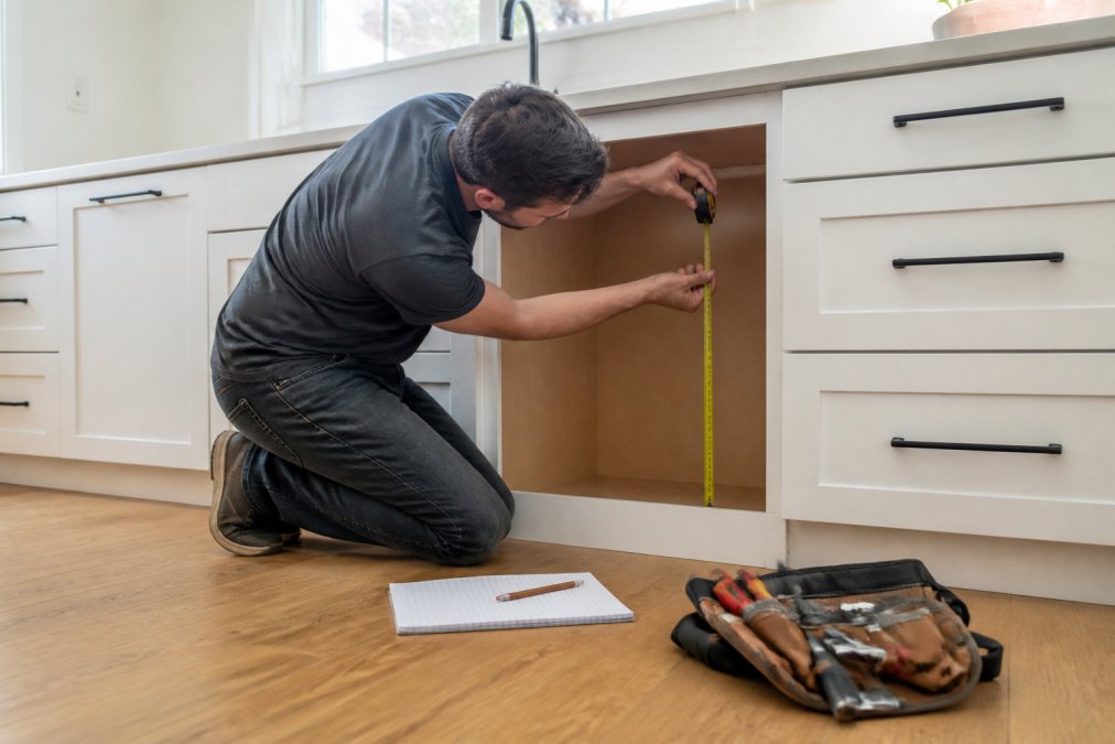 A person kneeling on a kitchen floor holding a tape measure against the side of an empty cabinet space, notepad and pencil nearby, bright natural light from a window