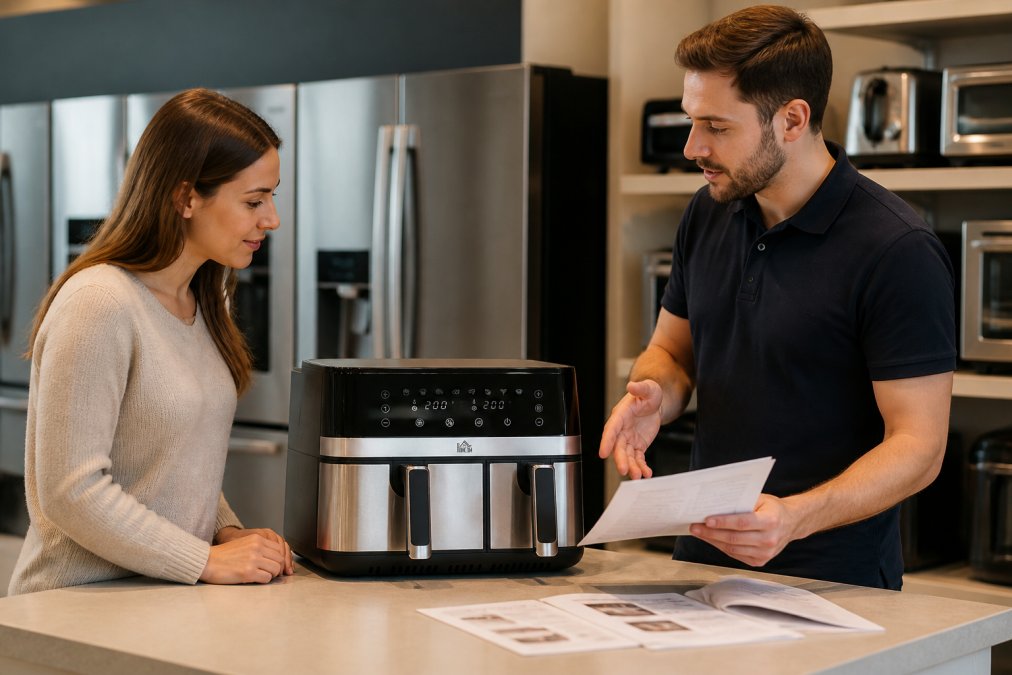 Customer service representative assisting a customer in a modern retail showroom, examining a kitchen appliance together with product documentation visible on a counter