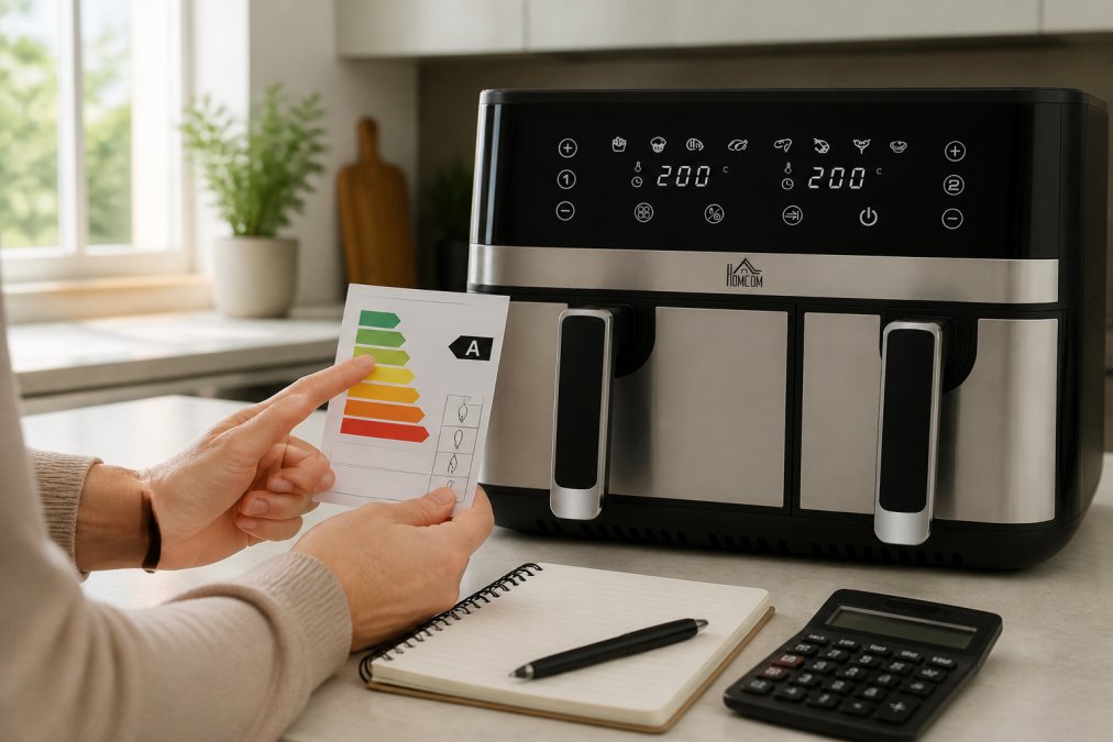 Close-up of a person's hands pointing to the energy efficiency label on a kitchen appliance, with a notebook and calculator nearby on a kitchen counter, natural daylight from a window