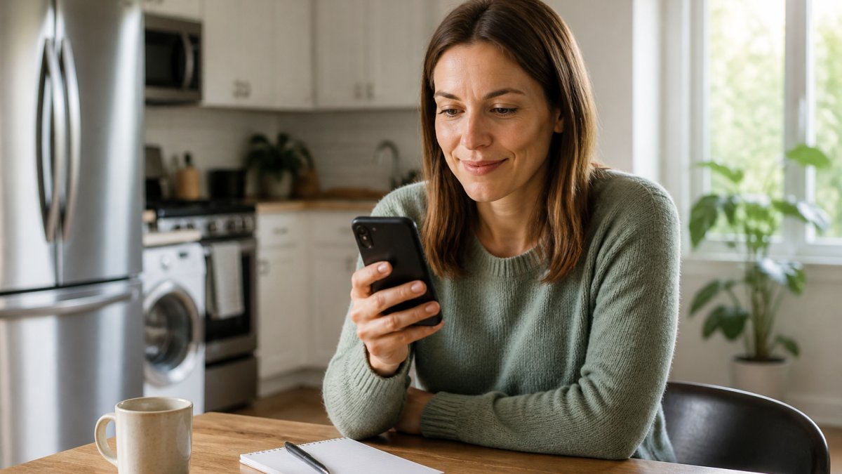 Homeowner sitting at kitchen table with smartphone, reading customer reviews and ratings for local appliance repair services, warm natural lighting from window