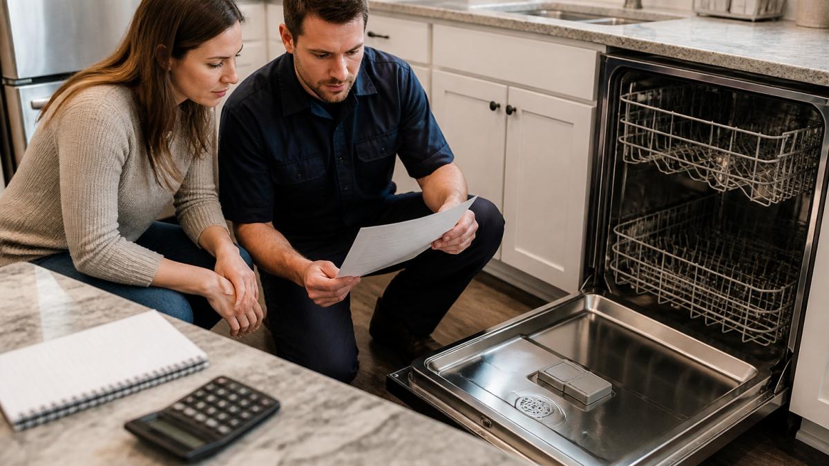 A homeowner and a technician in a kitchen looking over a printed repair estimate next to an open dishwasher door, with a notebook and calculator on the counter