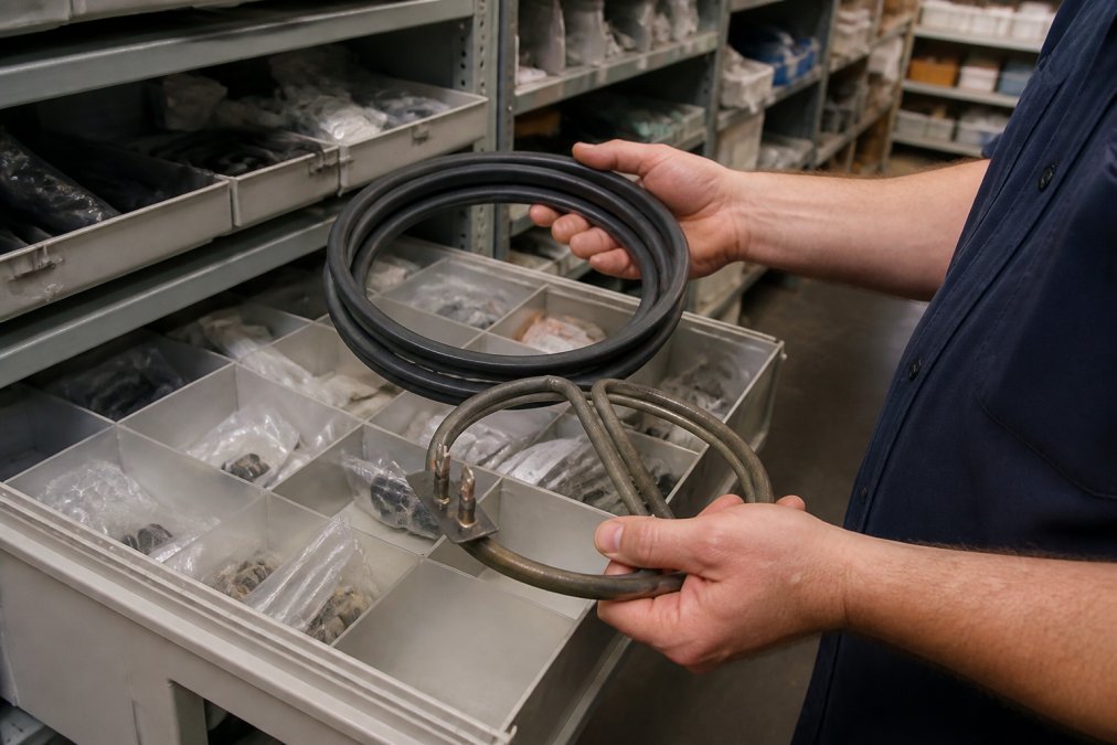Technician holding a new oven door seal and heating element in a parts storeroom