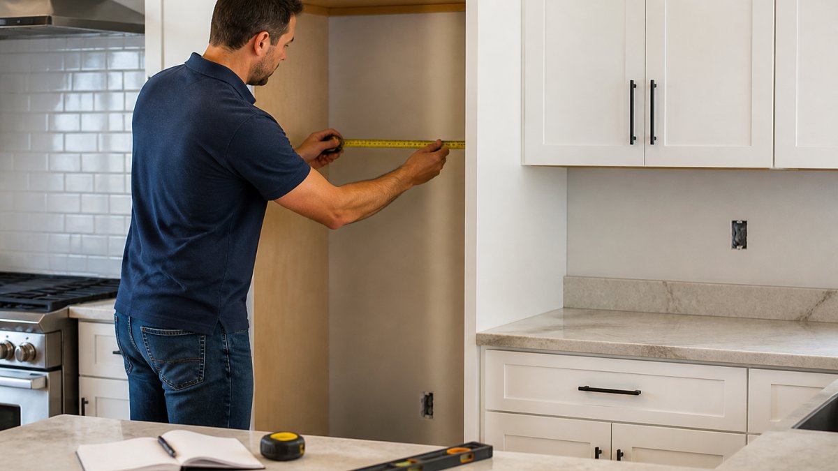Homeowner measuring kitchen space with tape measure, checking refrigerator niche dimensions and countertop width with precision
