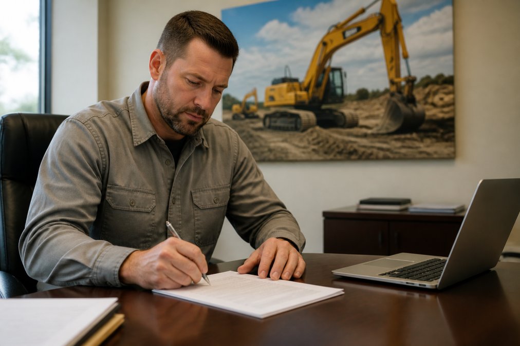 A business owner in a work shirt reviewing and signing equipment financing documents at a clean desk with a laptop open and a photo of a construction site with excavators on the wall behind