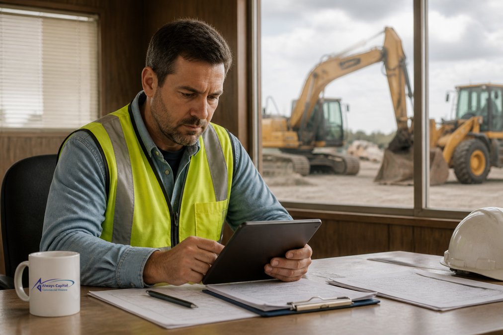 Professional illustration showing application-only heavy equipment financing