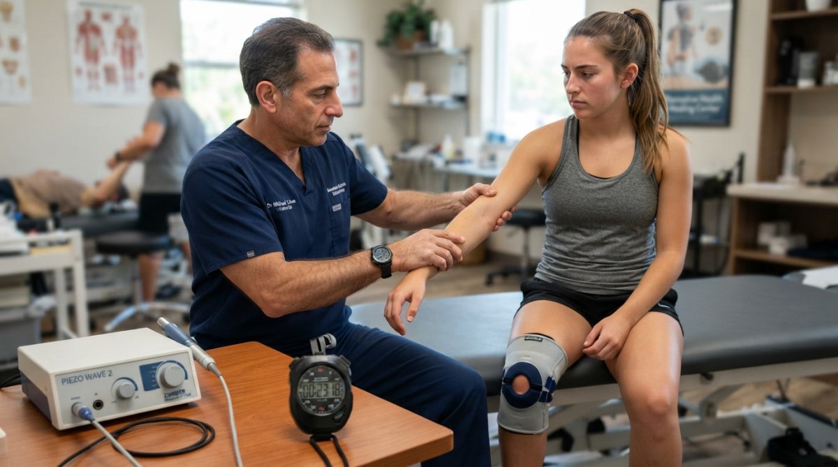 Licensed chiropractor performing manual muscle testing on athlete's arm during clinical assessment, hands demonstrating proper testing technique with patient lying on treatment table in modern clinic