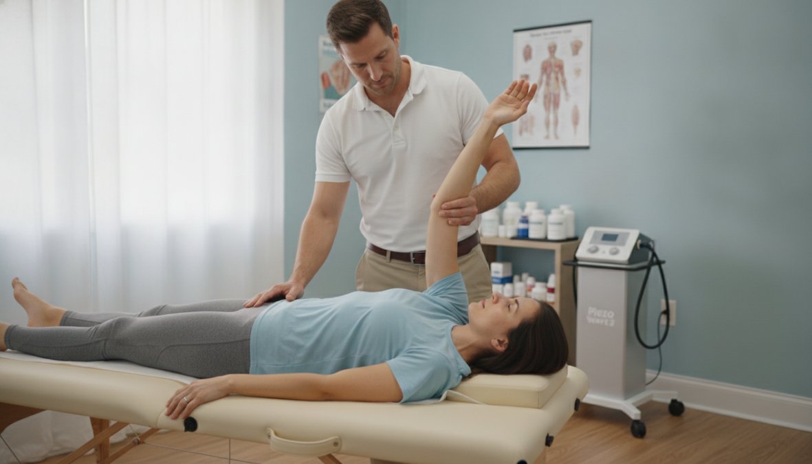 Chiropractor performing muscle testing on patient's arm while patient lies on treatment table in clinical setting with natural lighting