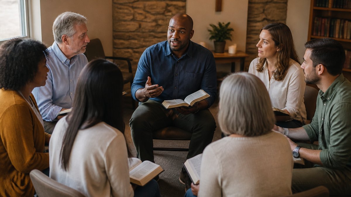Diverse group of church members sitting in a circle engaged in discussion around an open Bible with a leader facilitating conversation in a warm welcoming church setting