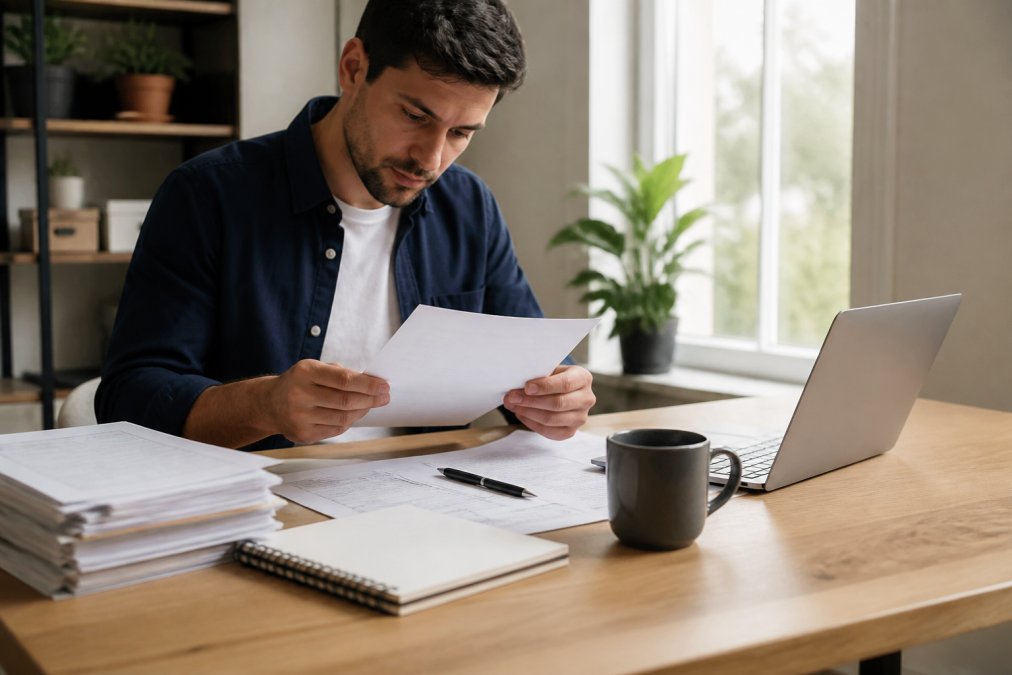A real estate investor sitting at a clean wooden desk organizing printed financial documents, loan papers, and a laptop displaying a loan application form, with a ceramic coffee mug in the foreground and warm natural light from a window