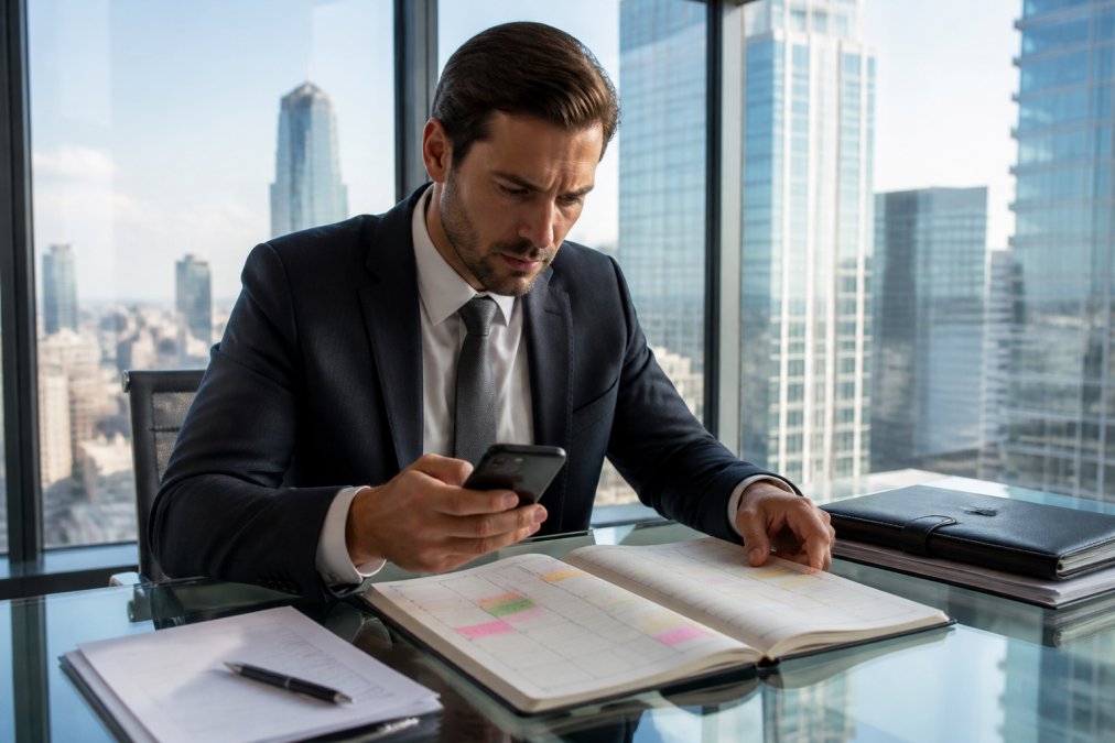 A business professional in a modern office reviewing a printed calendar spread open on a glass desk, checking a smartphone with an urgent expression, with city buildings visible through floor-to-ceiling windows in the background