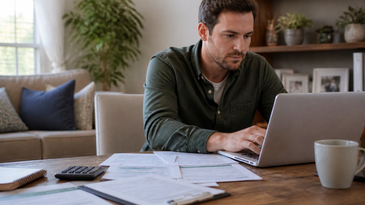 Person using a laptop at home to complete an online auto loan application, with documents spread across desk, coffee cup, and calculator visible in natural daylight
