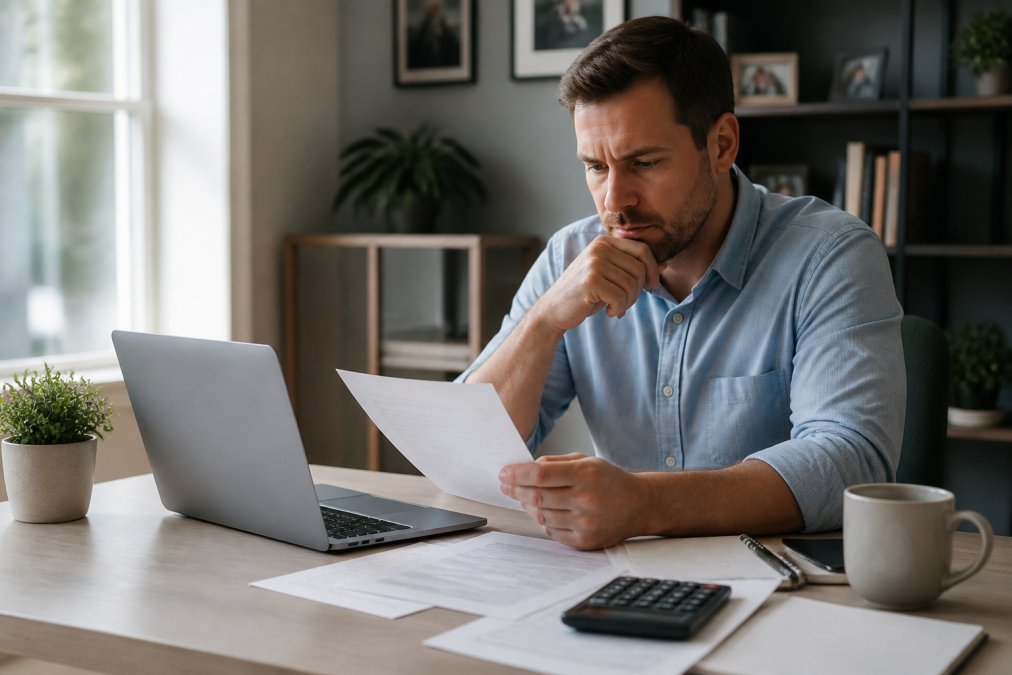 Homeowner sitting at desk with laptop, mortgage documents, and calculator, reviewing refinance application and credit score on screen in home office with natural lighting