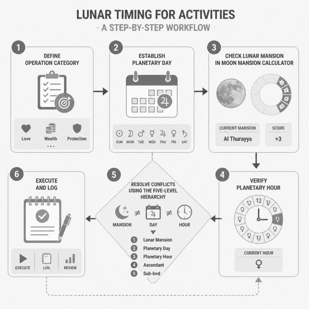 Flowchart showing six-step workflow: (1) Define operation category, (2) Establish planetary day, (3) Check lunar mansion in Moon Mansion Calculator, (4) Verify planetary hour, (5) Resolve conflicts using the five-level hierarchy, (6) Execute and log. Decision diamond at Step 5 shows the hierarchy order when mansion, day, and hour disagree.