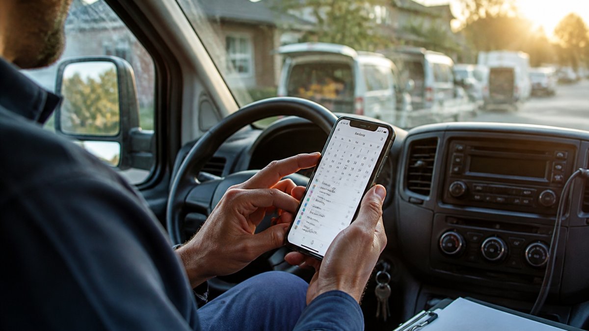 Mobile service technician checking smartphone in service vehicle with calendar and job details visible on screen, natural daylight through windshield