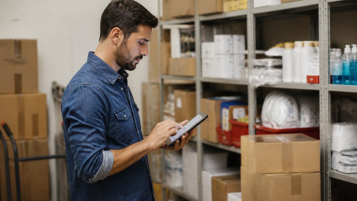 Persona revisando el stock en una tablet dentro de un pequeño almacén, con estanterías y cajas de fondo