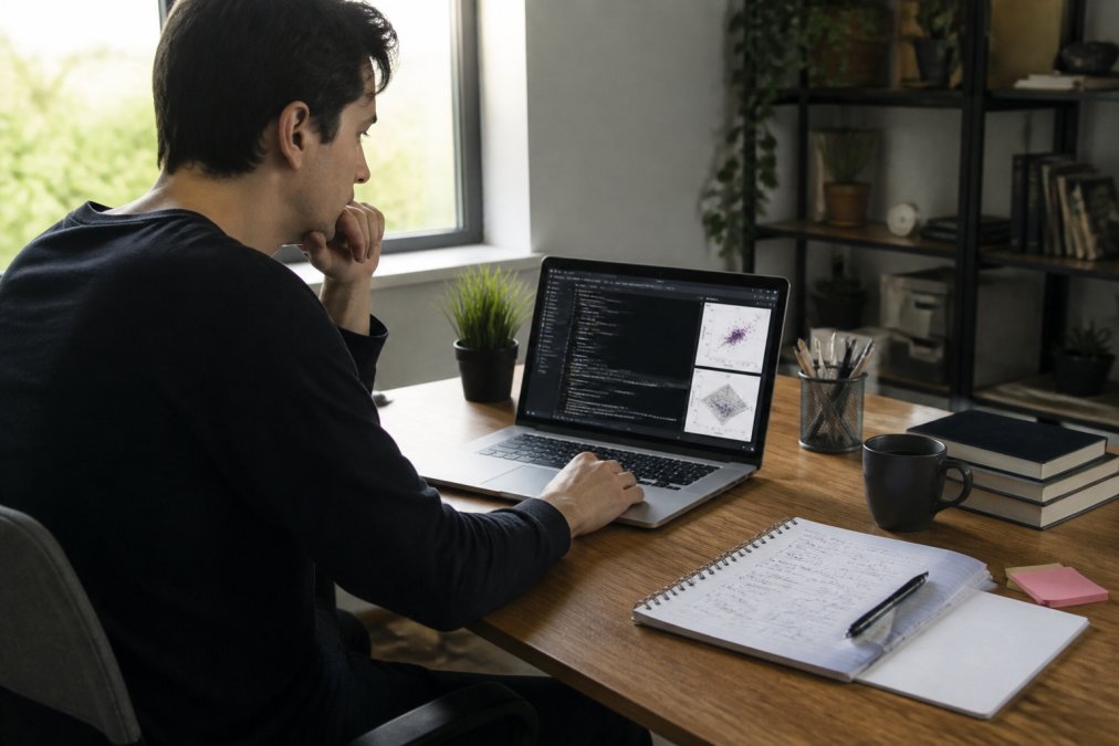 Persona trabajando en proyectos para aprender inteligencia artificial con código y gráficos en su portátil.
