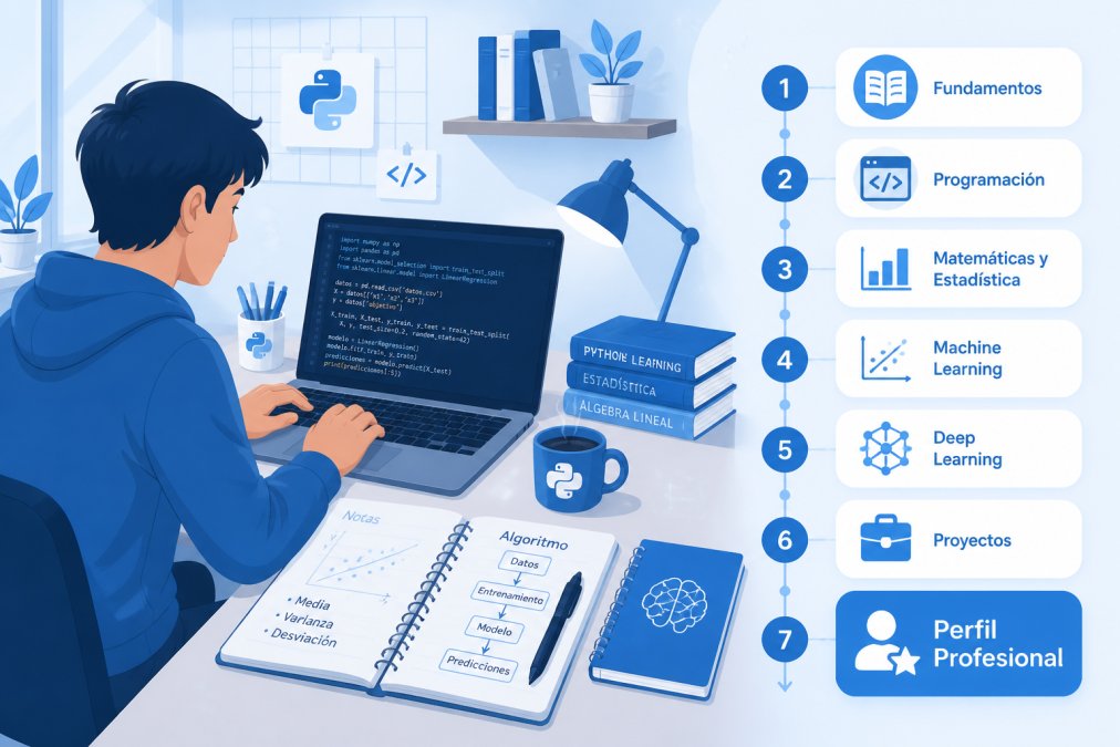 Young adult studying at a desk with a laptop showing Python code, open notebooks with handwritten notes, and a cup of coffee nearby in a tidy, well-lit home workspace