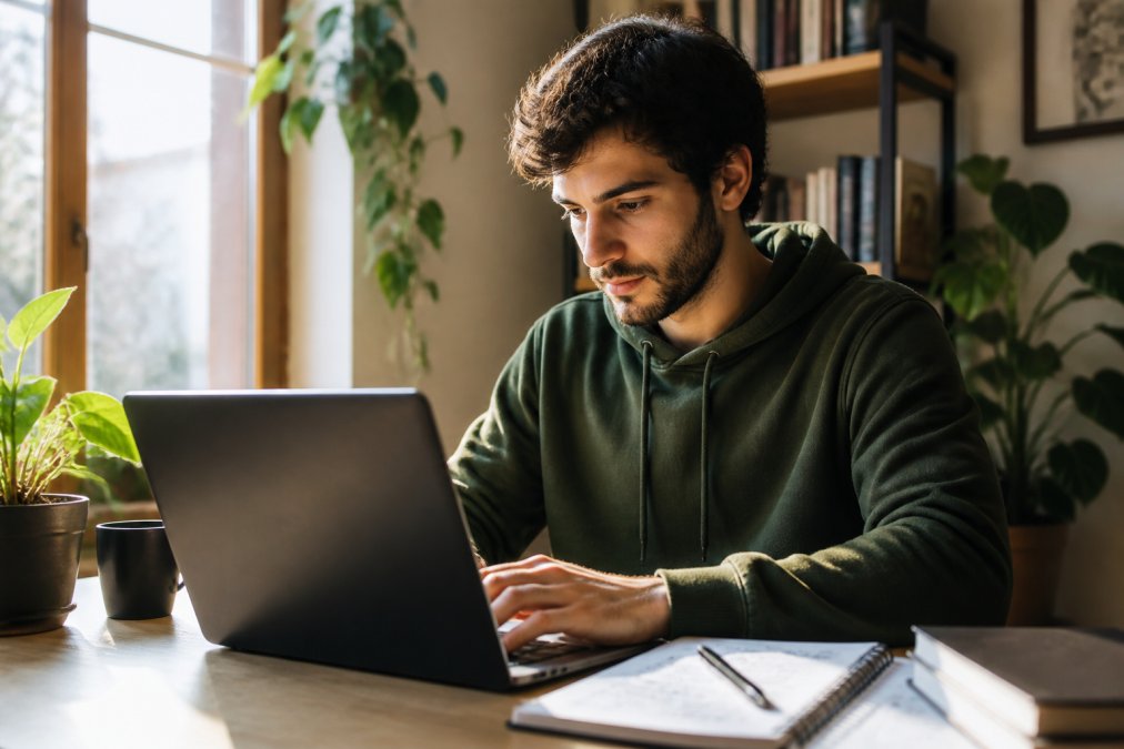 Joven adulto sentado en un escritorio con un portátil abierto mostrando código, un cuaderno con notas escritas a mano a su lado, luz natural cálida entrando por una ventana, expresión concentrada y tranquila